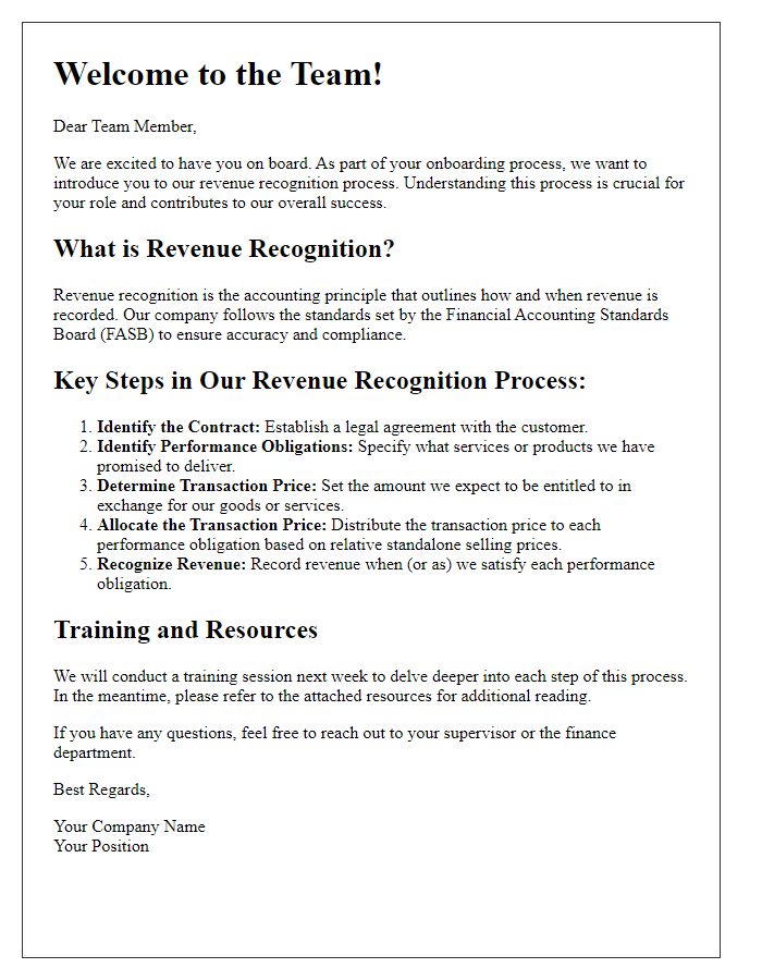 Letter template of revenue recognition process explanation for new employees.