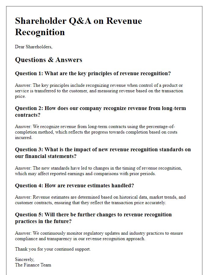 Letter template of revenue recognition questions and answers for shareholders.