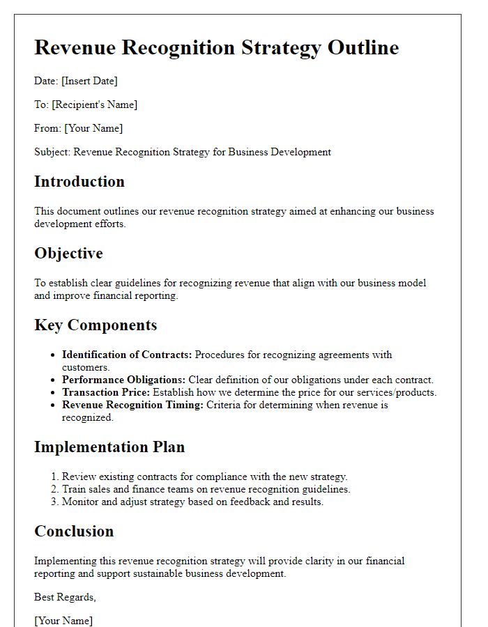 Letter template of revenue recognition strategy outline for business development.