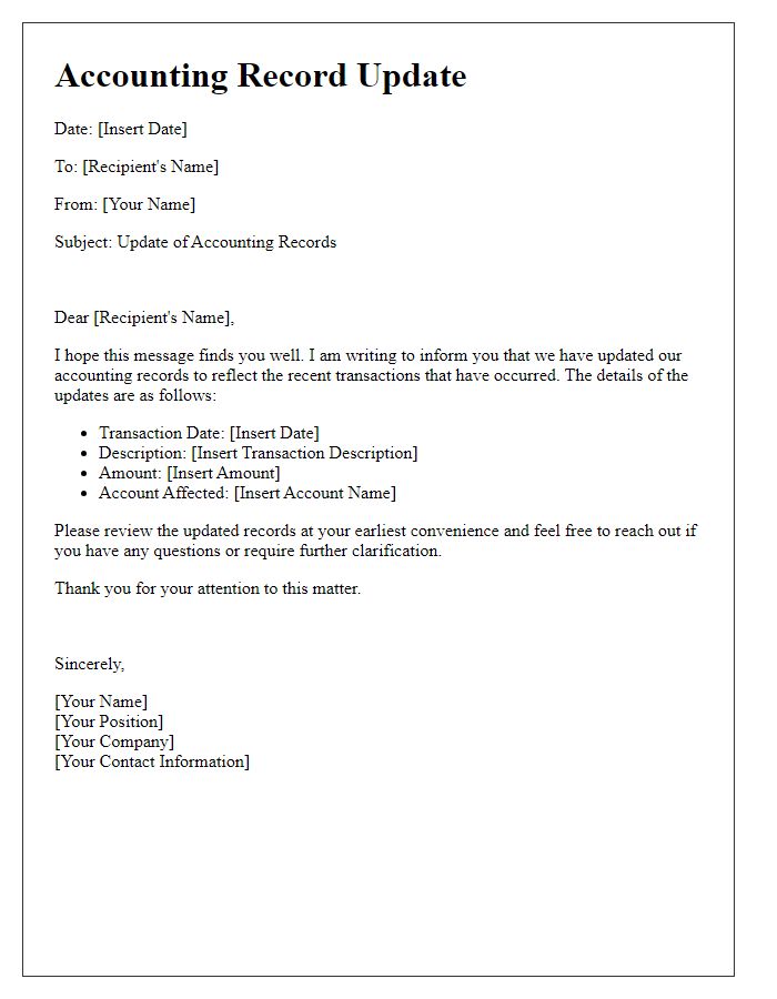 Letter template of accounting record update