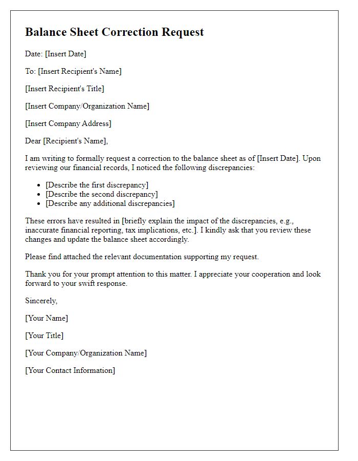 Letter template of balance sheet correction request