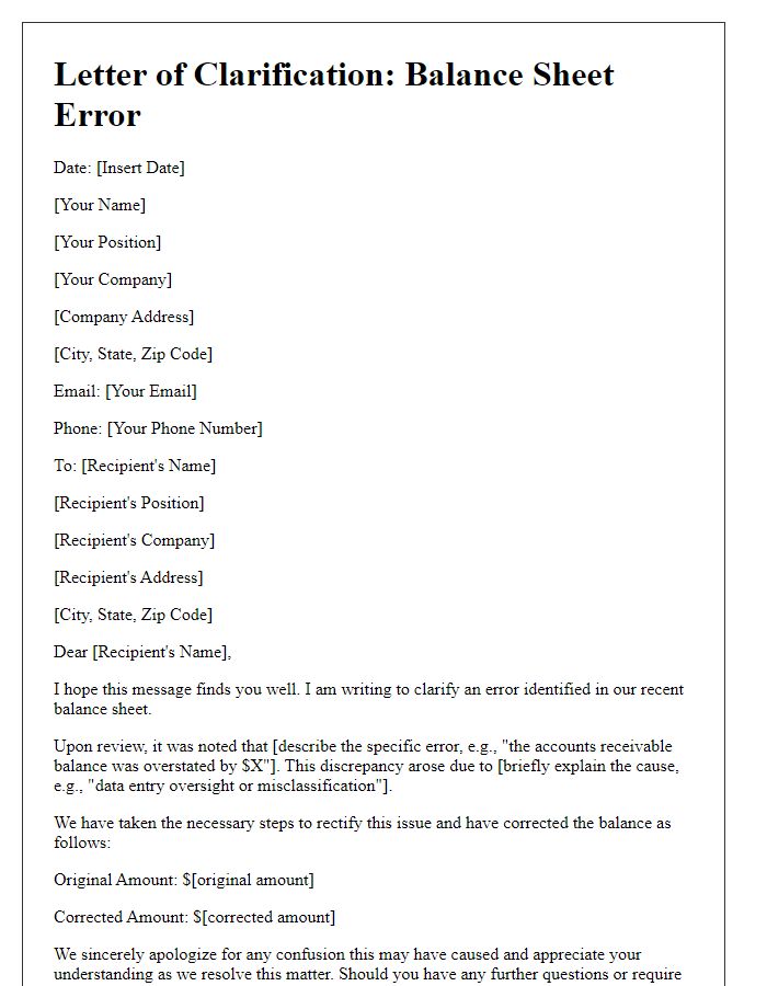 Letter template of balance sheet error clarification