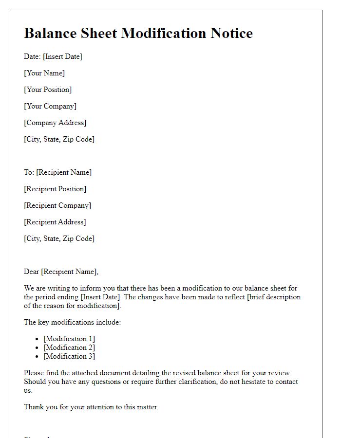 Letter template of balance sheet modification notice