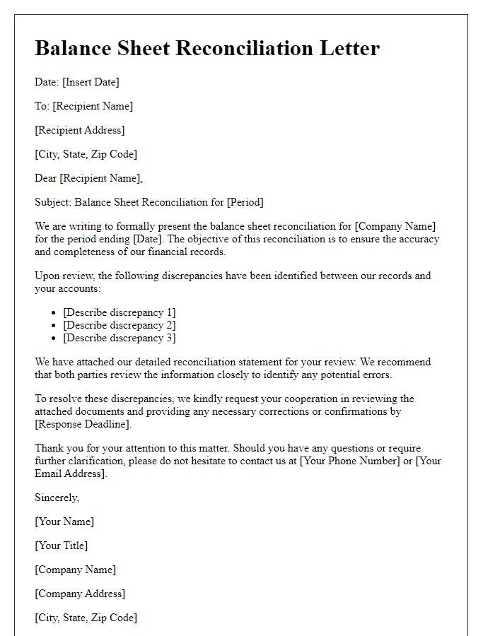 Letter template of balance sheet reconciliation