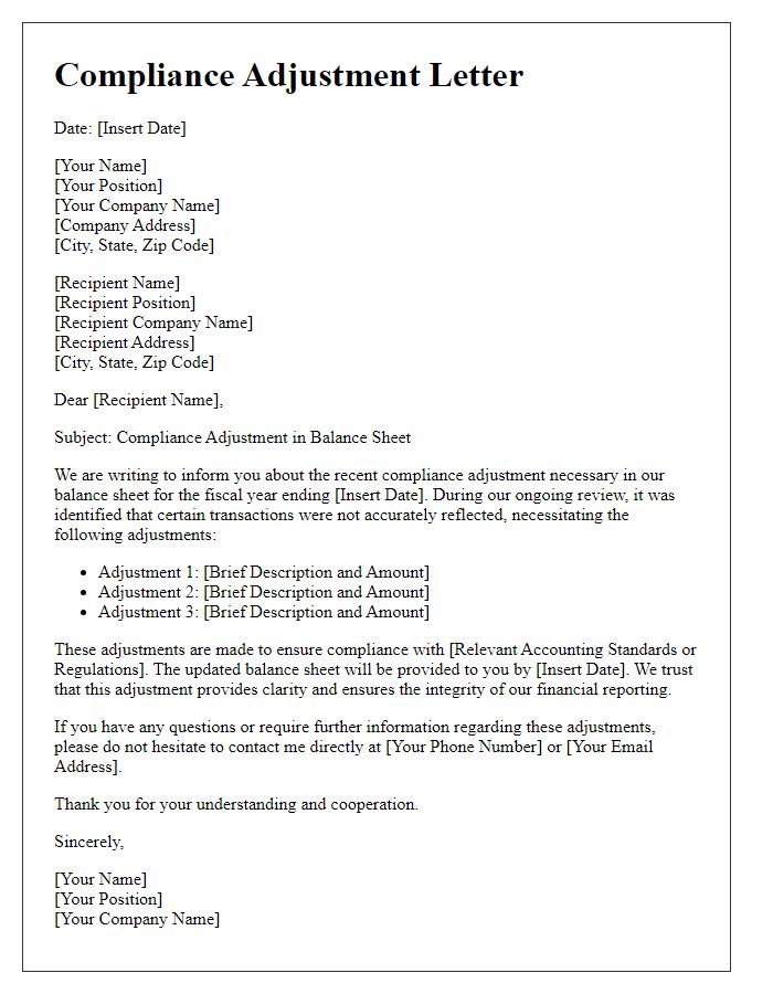 Letter template of compliance adjustment in balance sheet