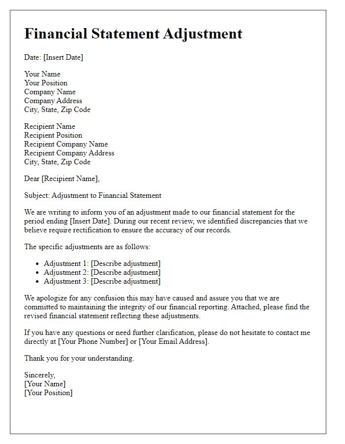 Letter template of financial statement adjustment