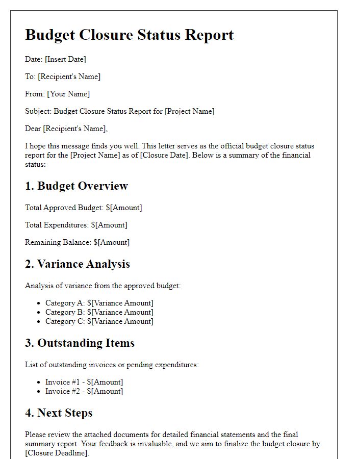 Letter template of budget closure status report