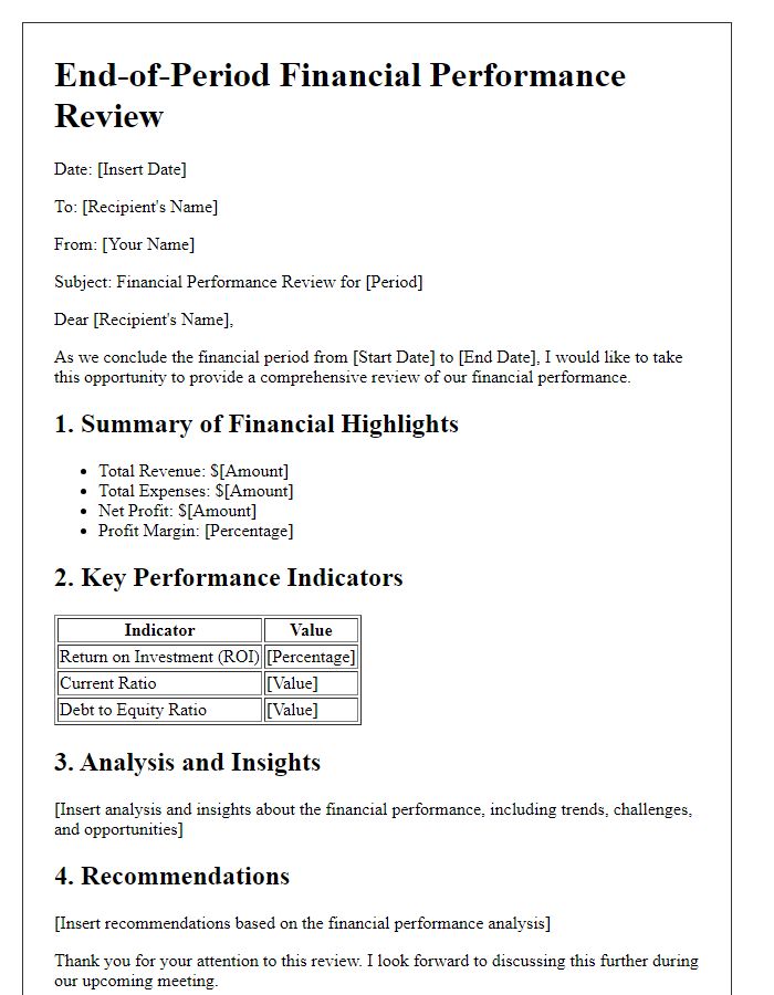 Letter template of end-of-period financial performance review