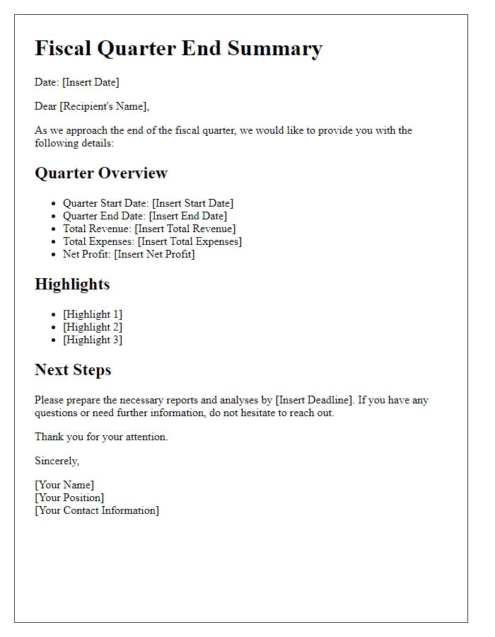 Letter template of fiscal quarter end details