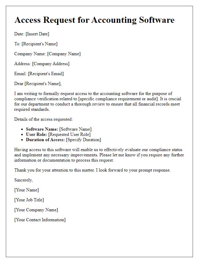 Letter template of accounting software access request for compliance verification
