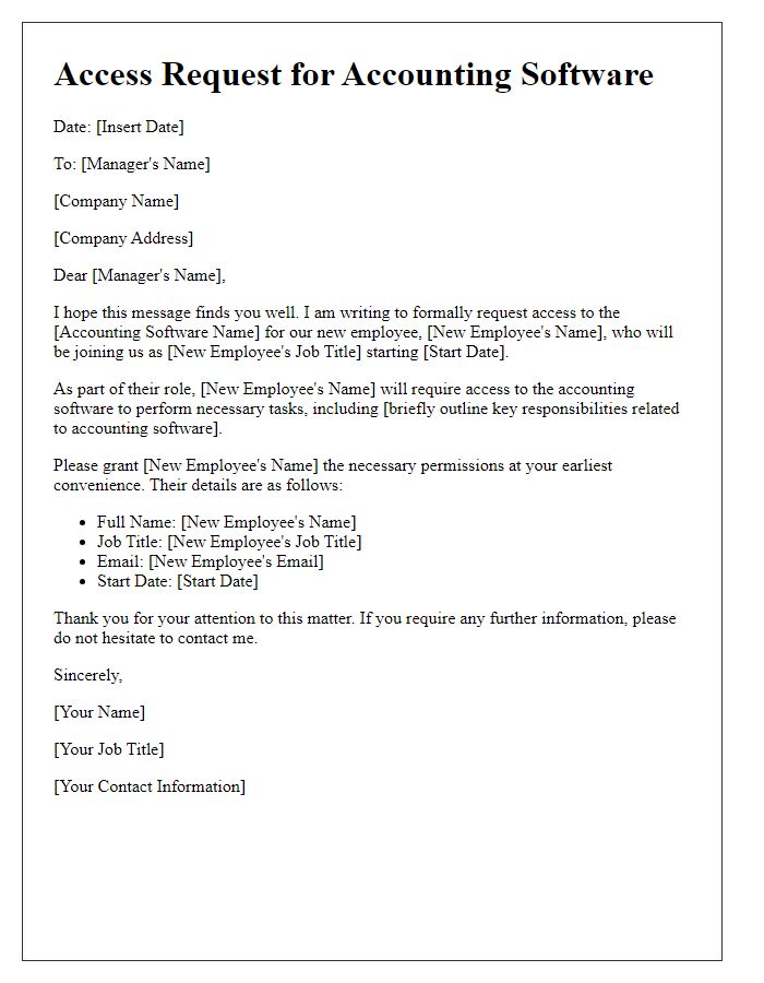 Letter template of accounting software access request for new employee onboarding