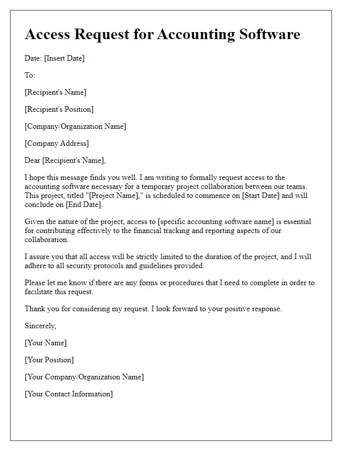 Letter template of accounting software access request for temporary project collaboration