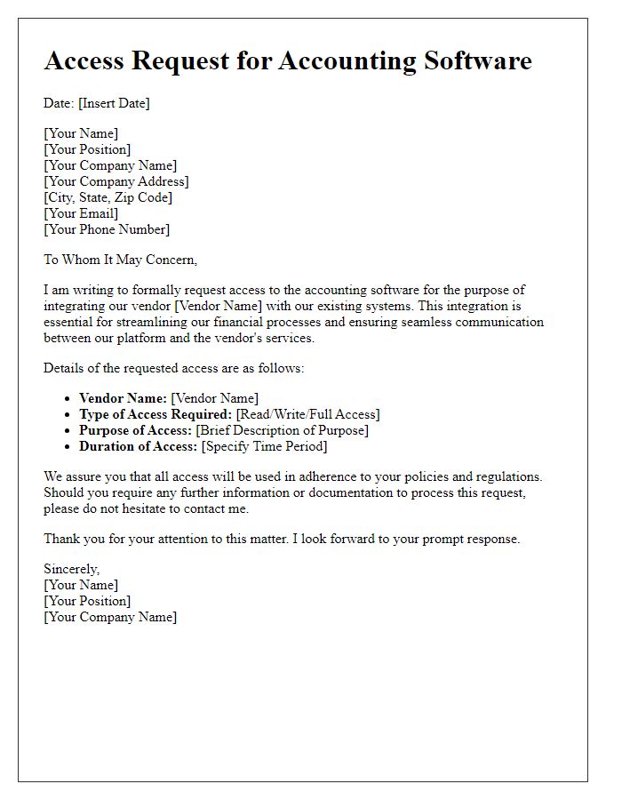 Letter template of accounting software access request for vendor integration