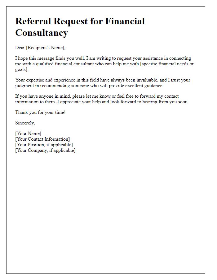 Letter template of financial consultancy referral request