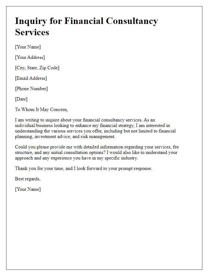 Letter template of financial consultancy services inquiry