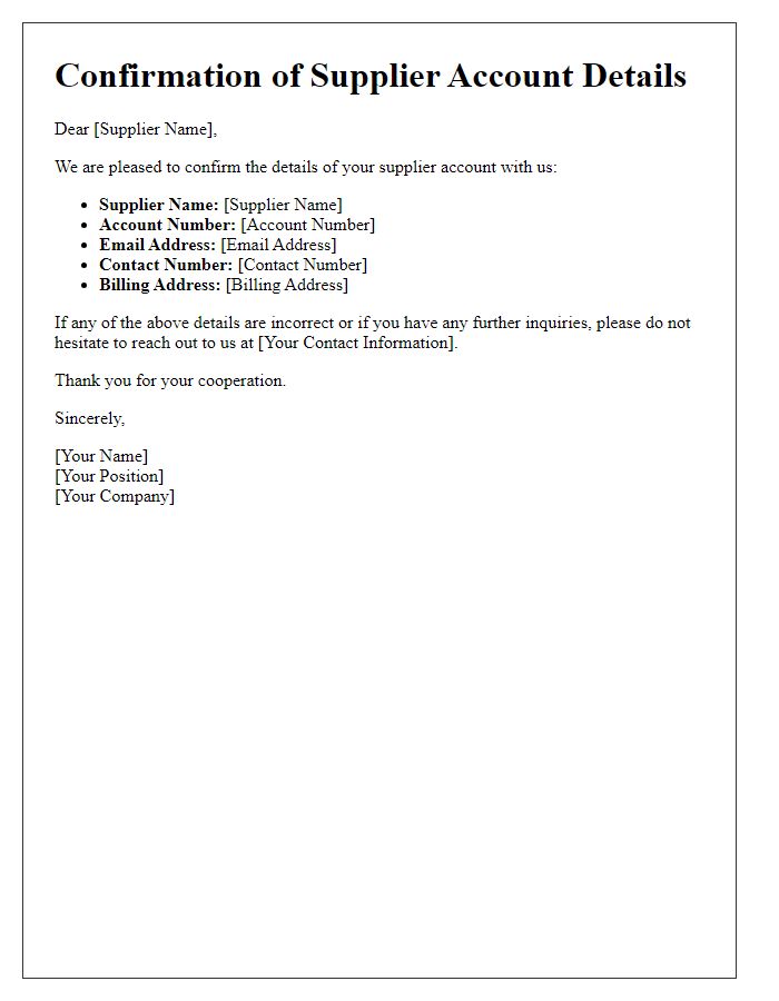 Letter template of confirmation for supplier account details
