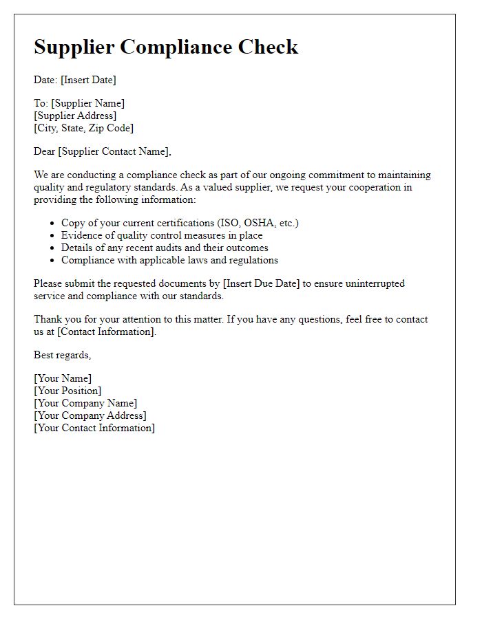 Letter template of supplier compliance check