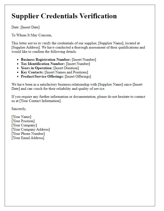 Letter template of supplier credentials verification