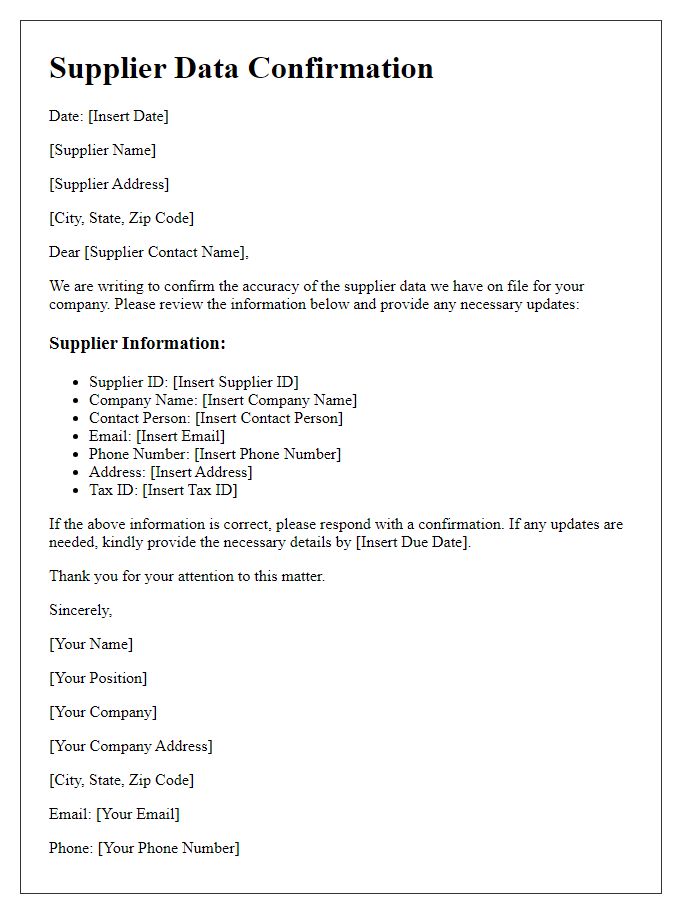 Letter template of supplier data confirmation