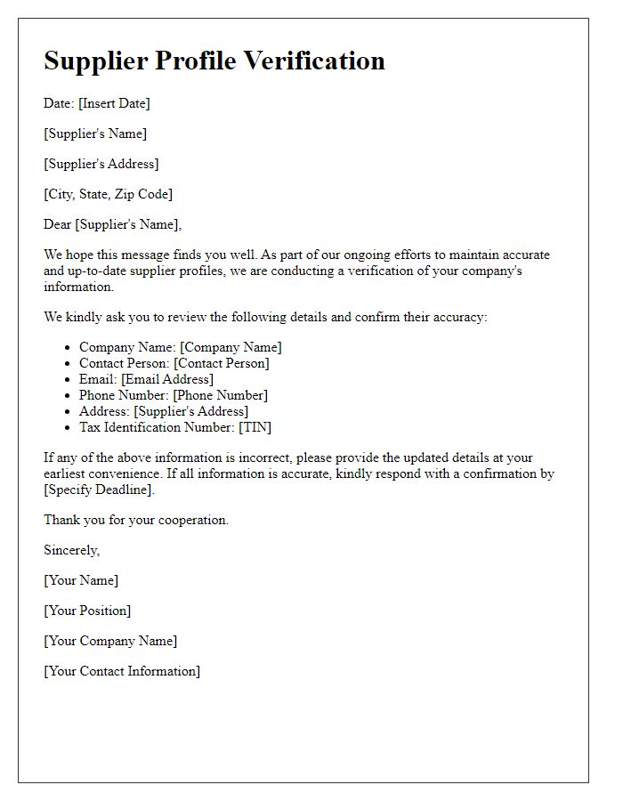 Letter template of supplier profile verification