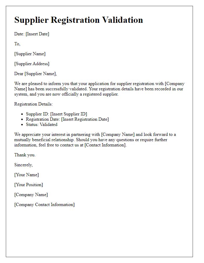 Letter template of supplier registration validation