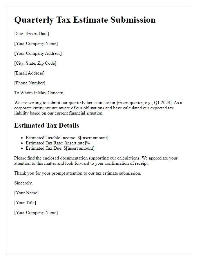 Letter template of quarterly tax estimate submission for corporate entities