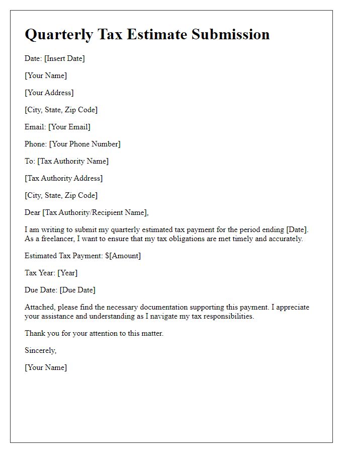 Letter template of quarterly tax estimate submission for freelancers