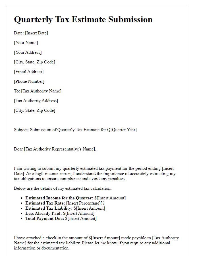 Letter template of quarterly tax estimate submission for high-income earners