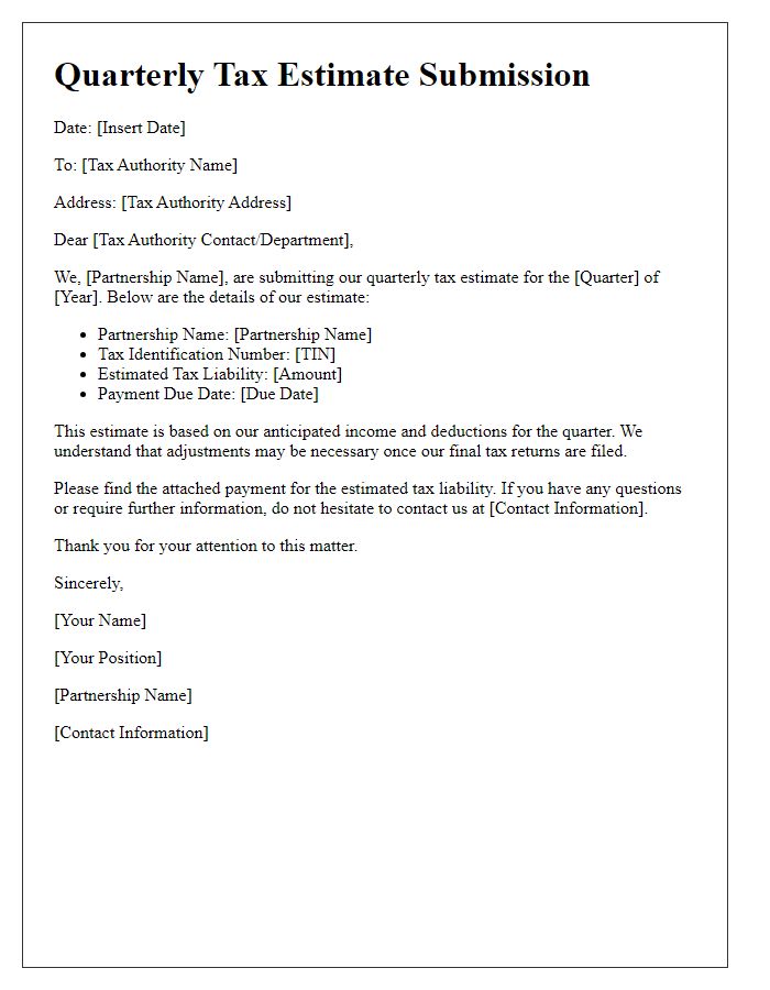 Letter template of quarterly tax estimate submission for partnerships