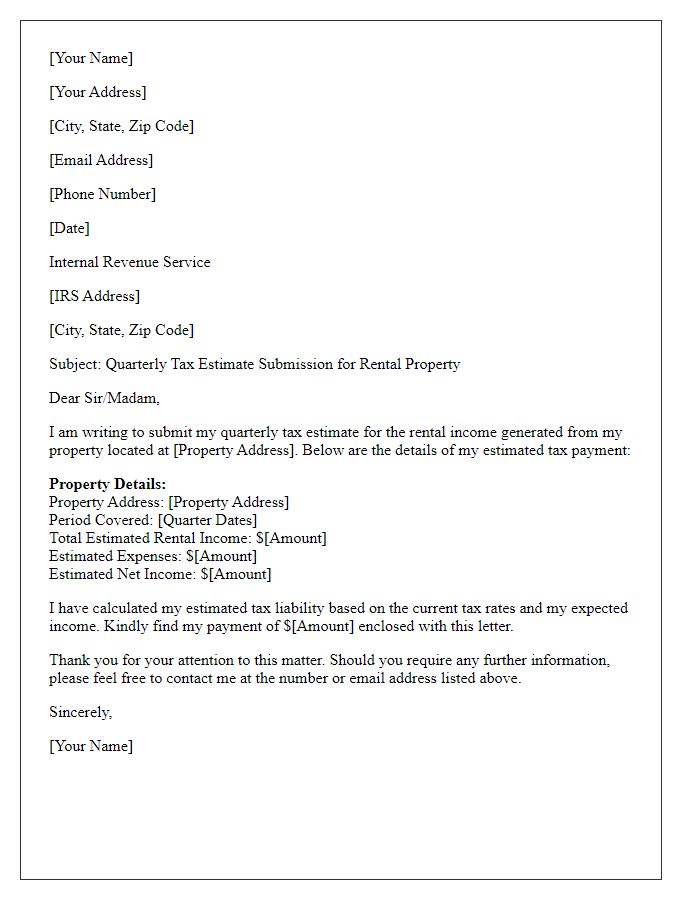 Letter template of quarterly tax estimate submission for rental property owners