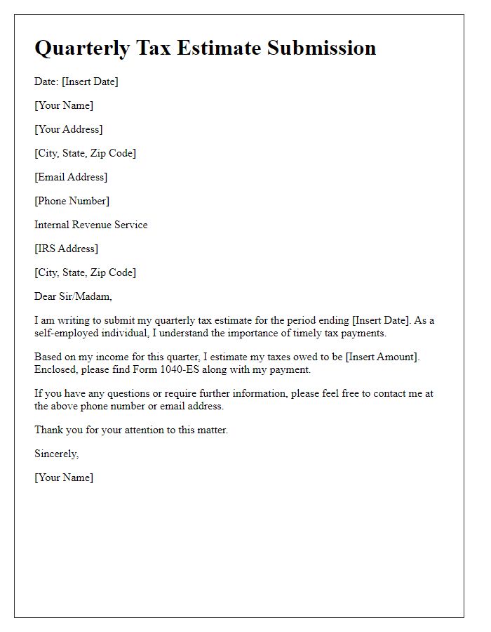 Letter template of quarterly tax estimate submission for self-employed individuals