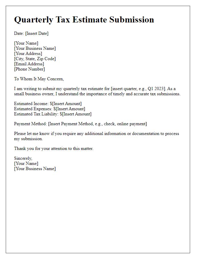 Letter template of quarterly tax estimate submission for small businesses