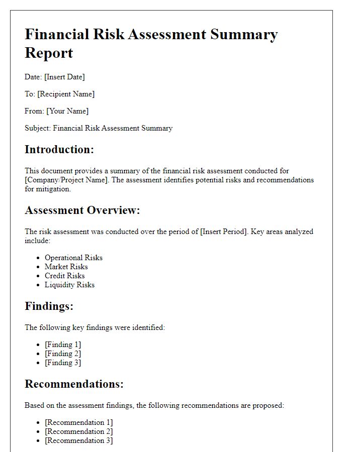 Letter template of financial risk assessment summary report