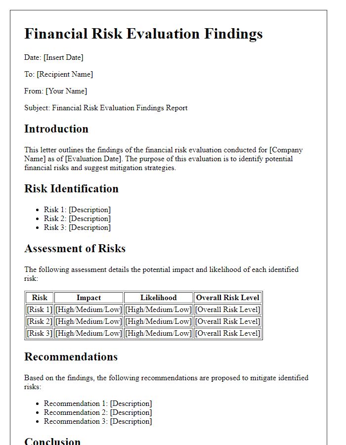 Letter template of financial risk evaluation findings