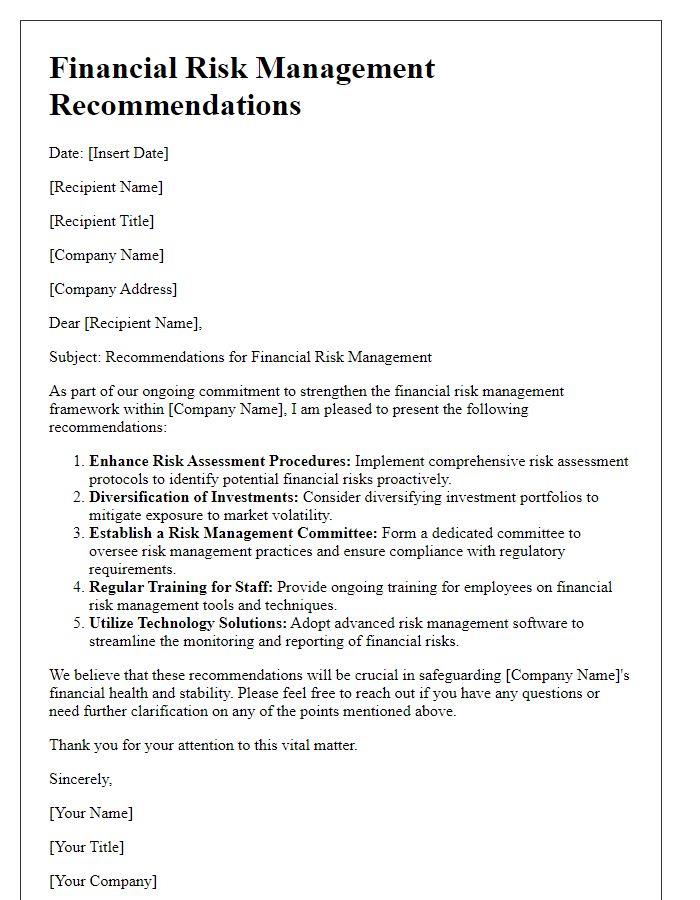 Letter template of financial risk management recommendations