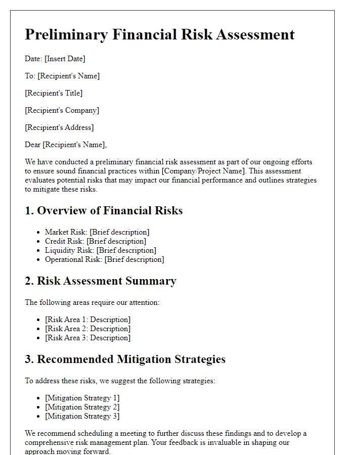 Letter template of preliminary financial risk assessment