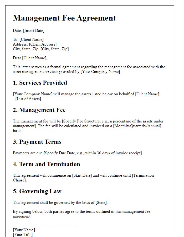 Letter template of management fee agreement for asset management