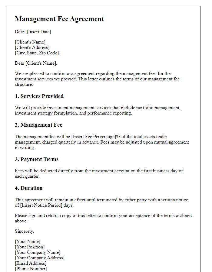 Letter template of management fee agreement for investment management