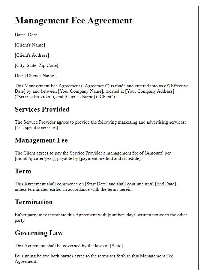 Letter template of management fee agreement for marketing and advertising services