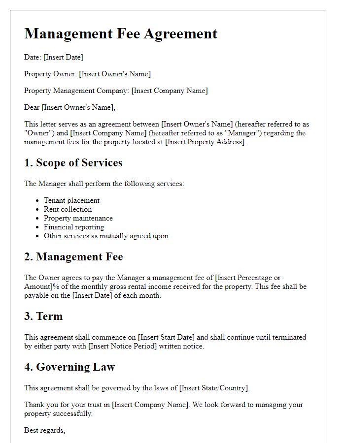 Letter template of management fee agreement for property management