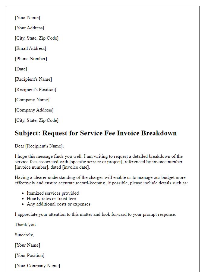 Letter template of service fee invoice breakdown request.