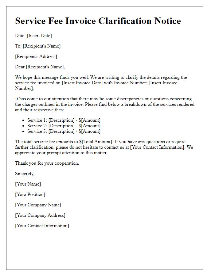 Letter template of service fee invoice clarification notice.