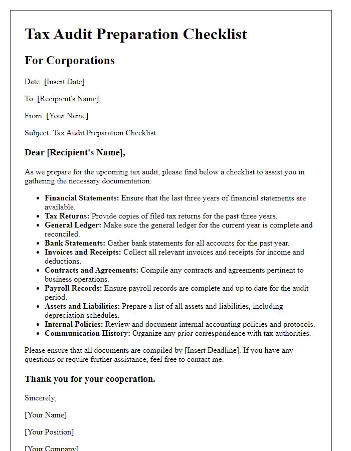 Letter template of Tax Audit Preparation Checklist for Corporations