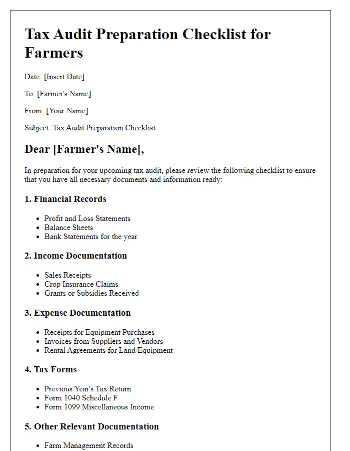 Letter template of Tax Audit Preparation Checklist for Farmers