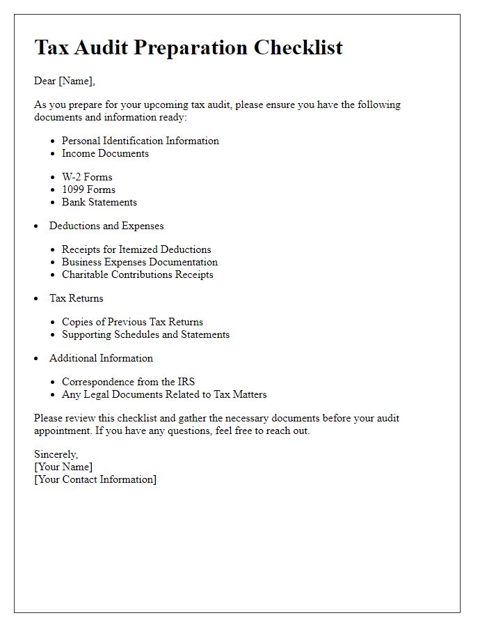 Letter template of Tax Audit Preparation Checklist for Individuals