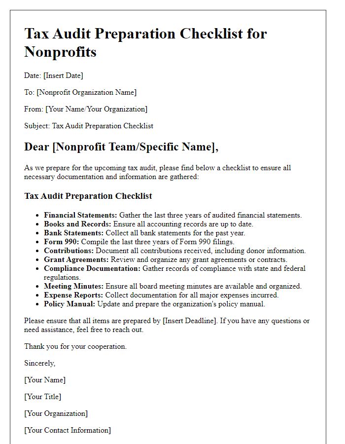 Letter template of Tax Audit Preparation Checklist for Nonprofits