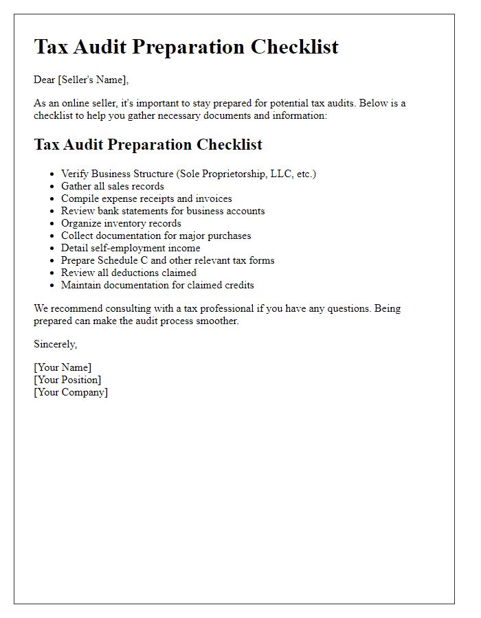 Letter template of Tax Audit Preparation Checklist for Online Sellers