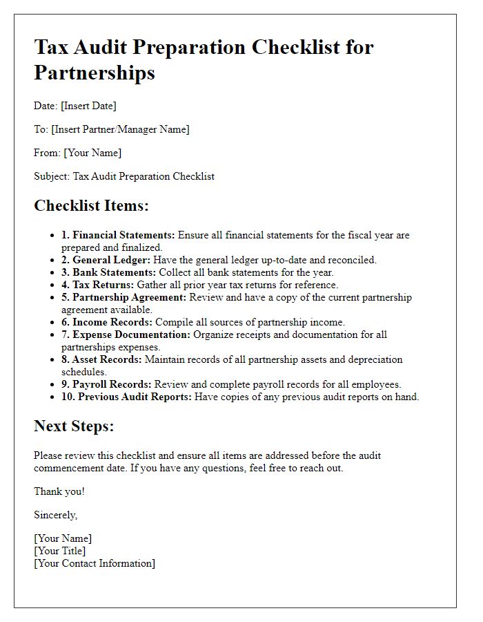 Letter template of Tax Audit Preparation Checklist for Partnerships