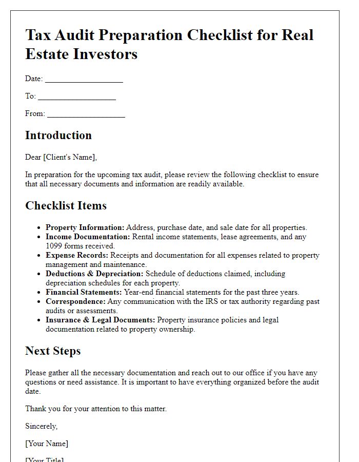 Letter template of Tax Audit Preparation Checklist for Real Estate Investors