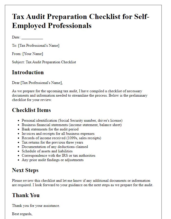 Letter template of Tax Audit Preparation Checklist for Self-Employed Professionals